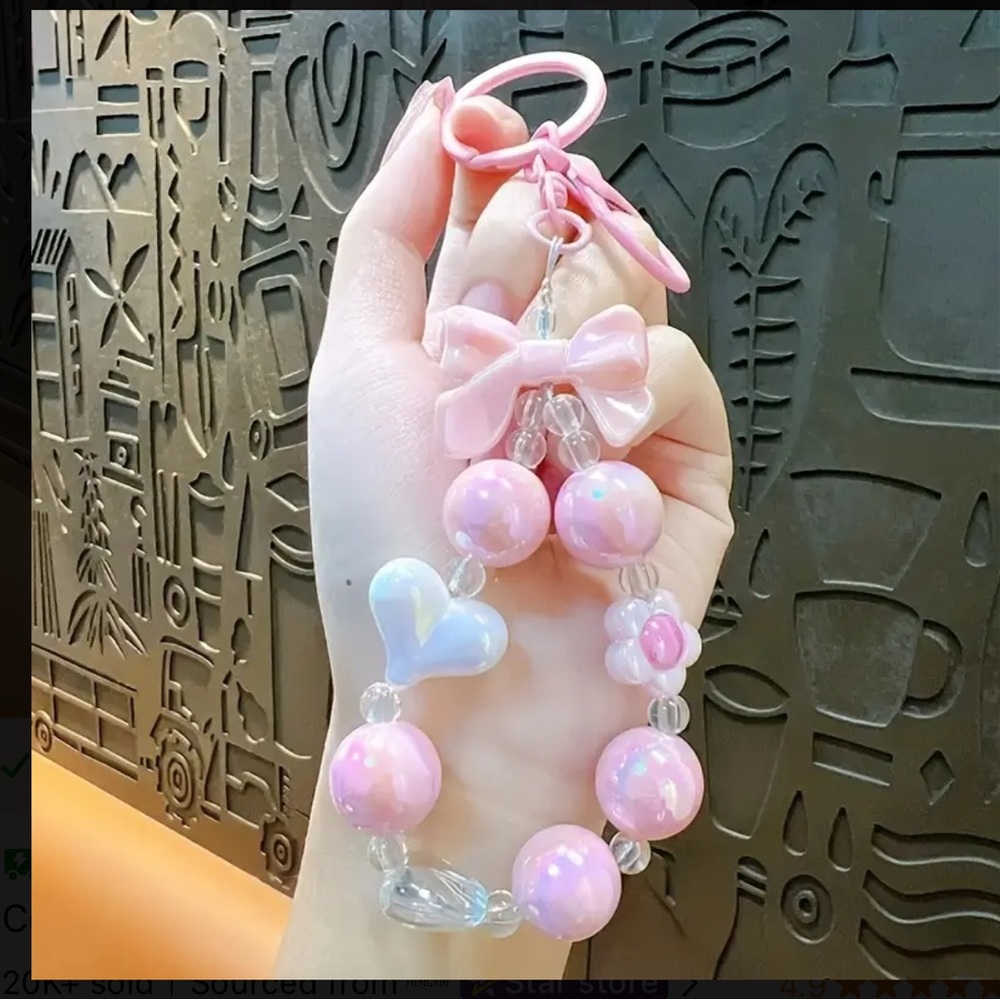 Purse charm PINK Beaded Keychain W/ Bow& Heart- for Handbag/keys/backpack NWT